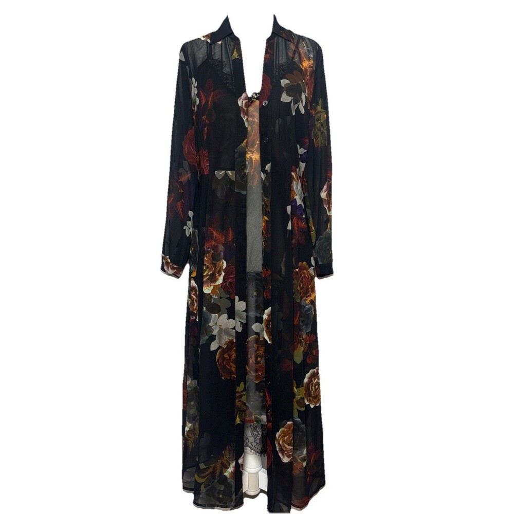 Soft Surroundings Women PXS 2 PC Nightgown Sheer Black Floral Dress Dark Cottage